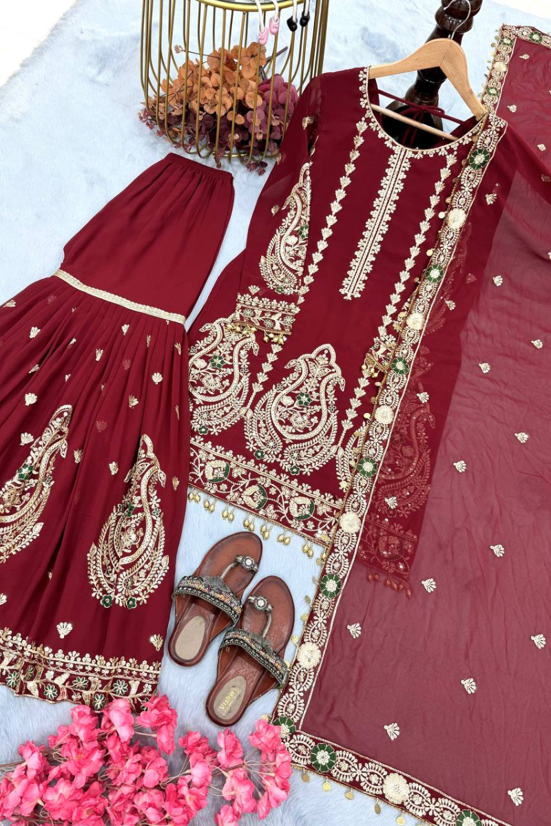 Maroon Heavy Faux Georgette Kurta Dupatta Sharara Suit Set