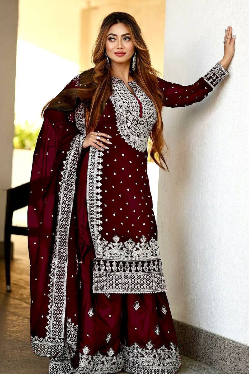 Maroon Heavy Faux Georgette Kurta Dupatta Sharara Suit Set