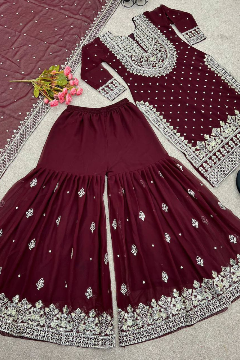 Maroon Heavy Faux Georgette Kurta Dupatta Sharara Suit Set