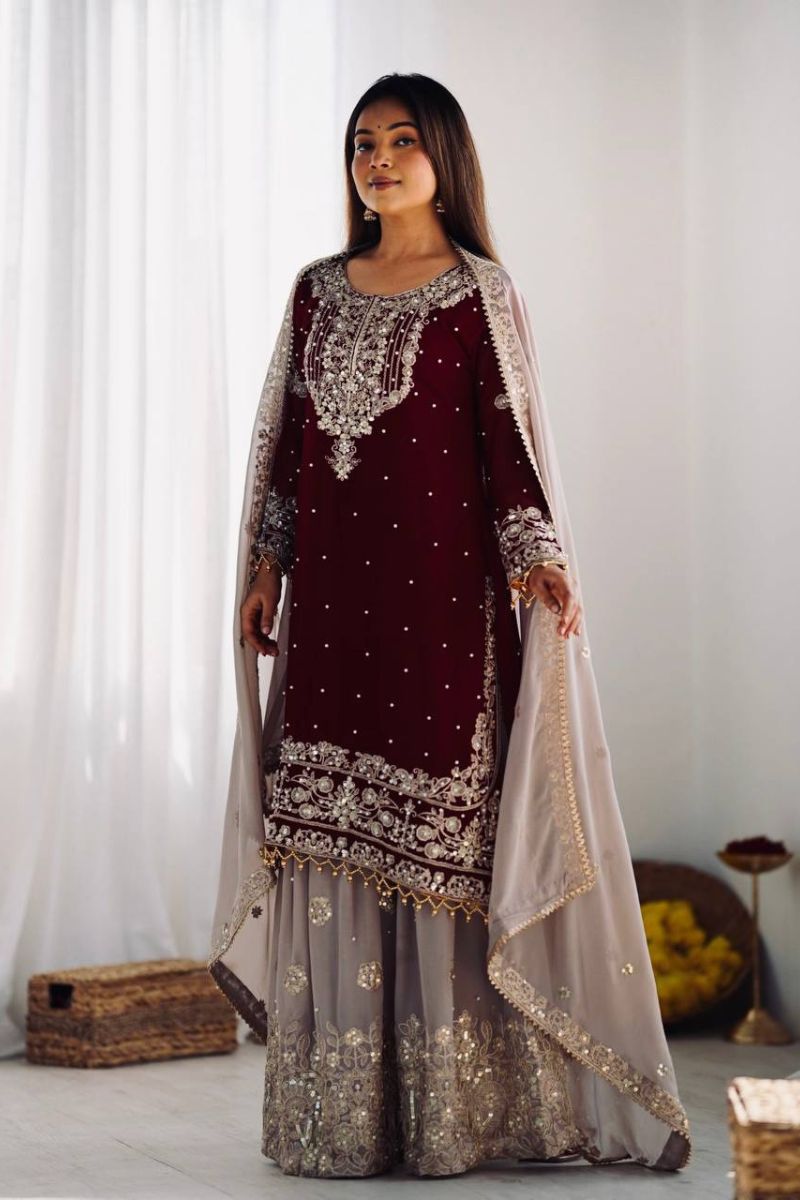 Heavy Faux Maroon Red Sharara Dupatta Suit Set in Georgette