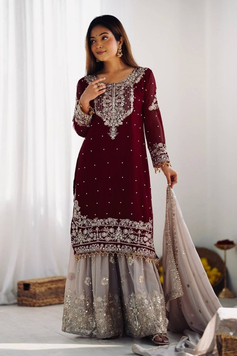 Heavy Faux Maroon Red Sharara Dupatta Suit Set in Georgette