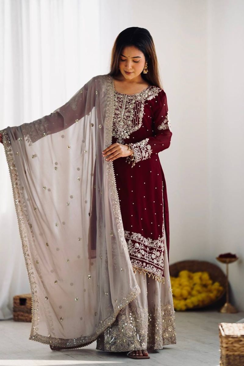 Heavy Faux Maroon Red Sharara Dupatta Suit Set in Georgette
