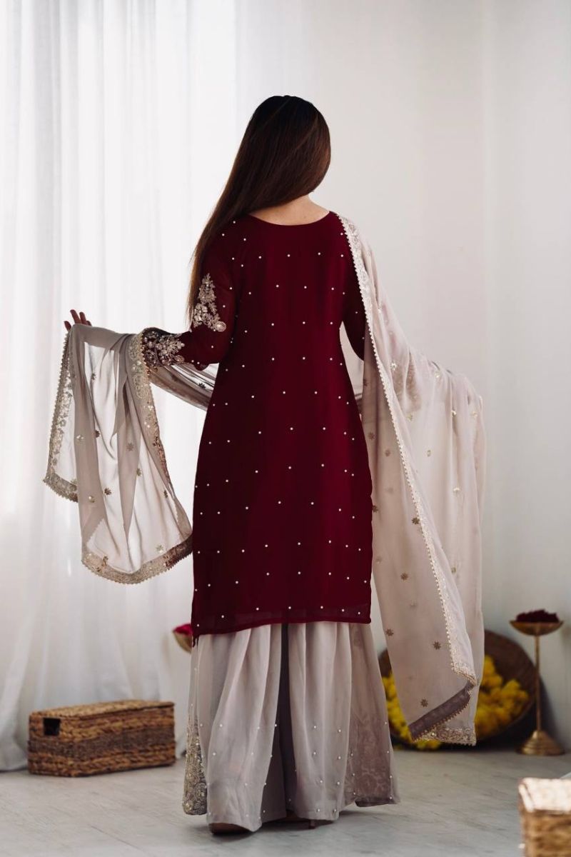 Heavy Faux Maroon Red Sharara Dupatta Suit Set in Georgette