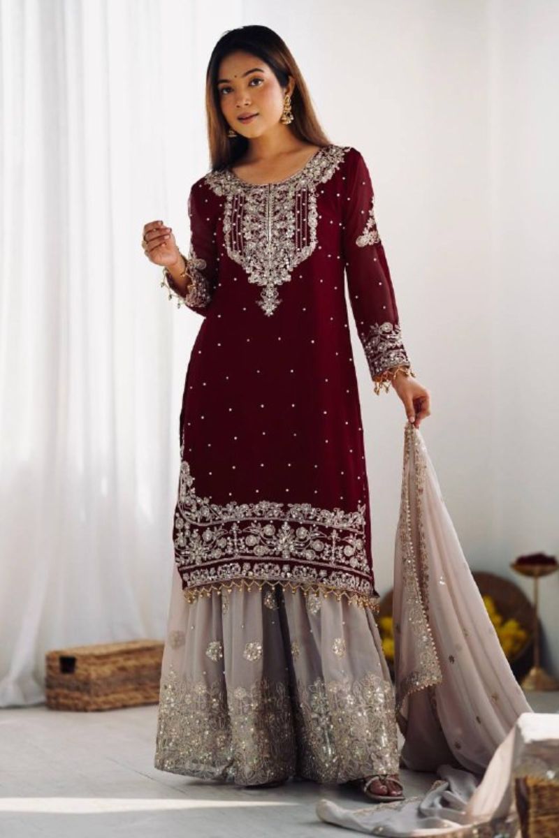 Heavy Faux Maroon Red Sharara Dupatta Suit Set in Georgette