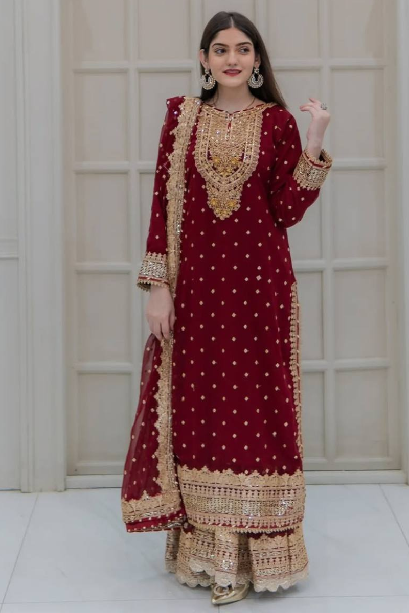 Sharara Dupatta Set in Maroon Heavy Faux Georgette.