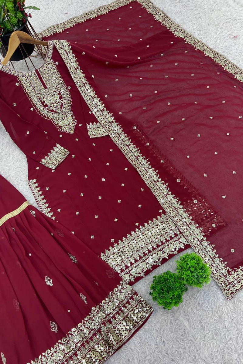 Sharara Dupatta Set in Maroon Heavy Faux Georgette.