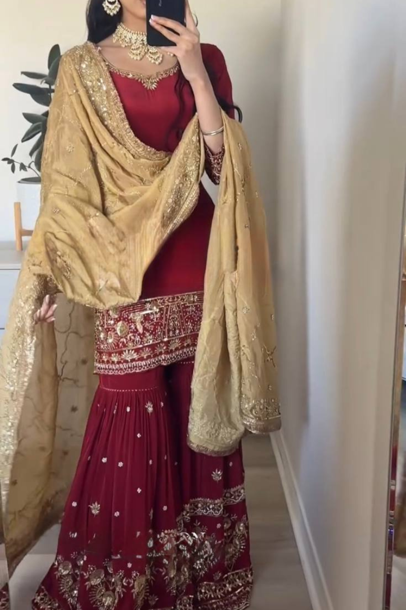 Heavy Faux Maroon Embroidered Georgette Sharara Dupatta Set