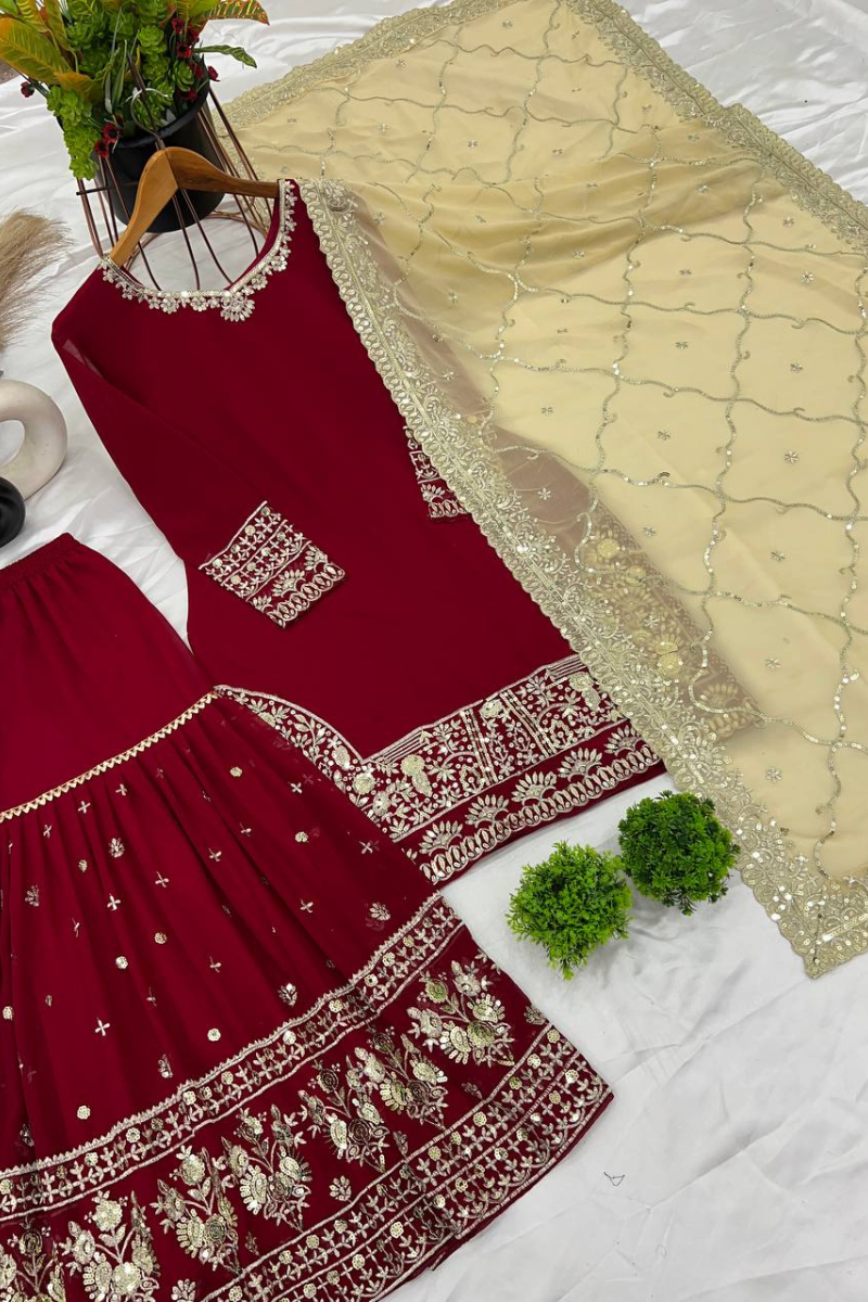 Heavy Faux Maroon Embroidered Georgette Sharara Dupatta Set
