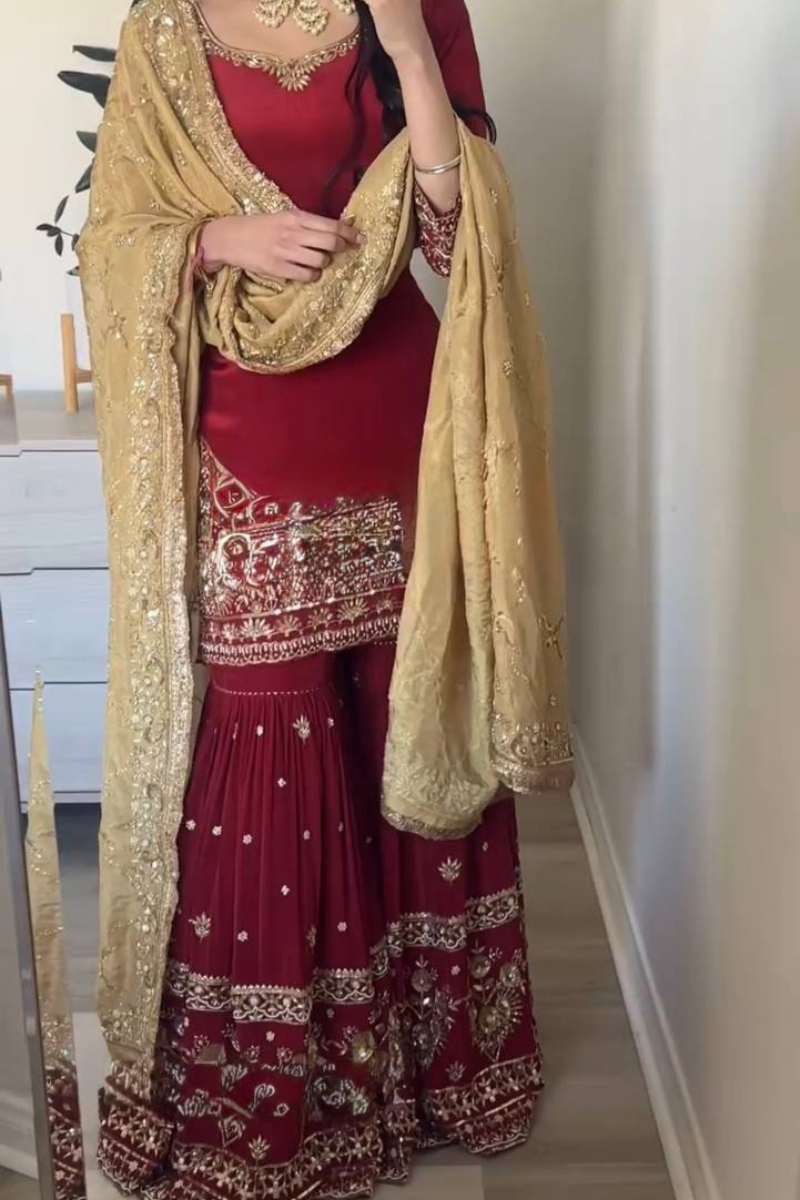 Heavy Faux Maroon Embroidered Georgette Sharara Dupatta Set