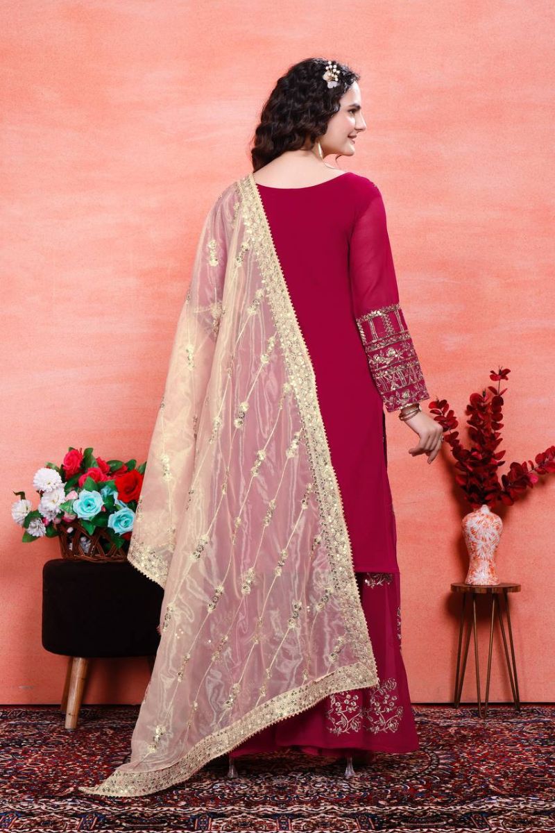 Heavy Faux Maroon Embroidered Georgette Sharara Dupatta Suit Set