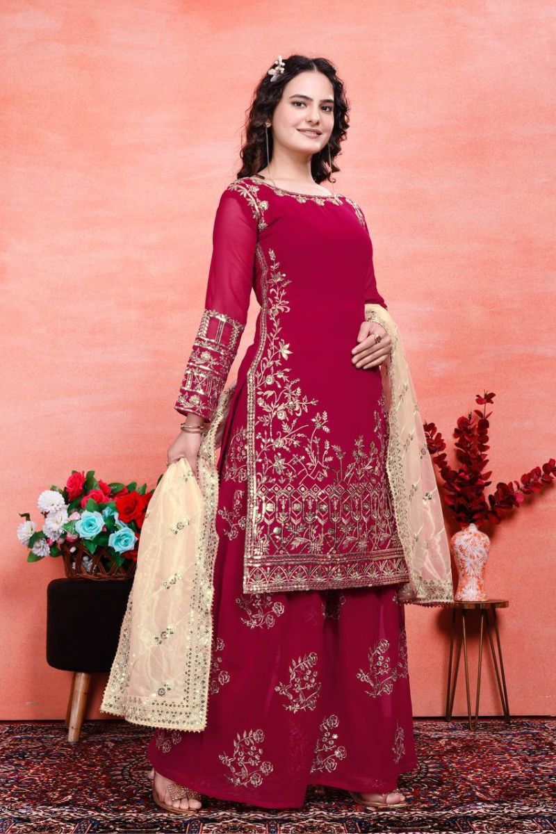 Heavy Faux Maroon Embroidered Georgette Sharara Dupatta Suit Set
