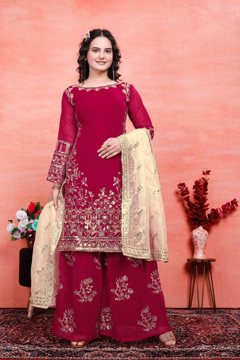 Heavy Faux Maroon Embroidered Georgette Sharara Dupatta Suit Set