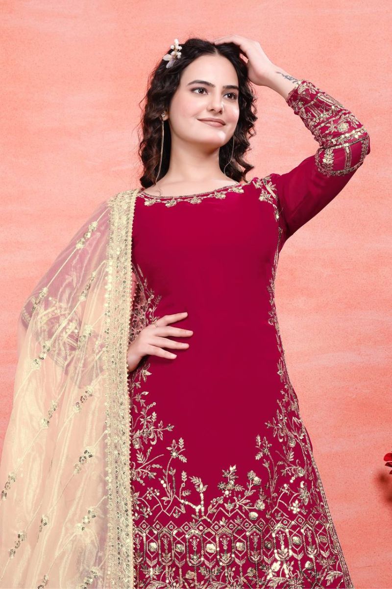 Heavy Faux Maroon Embroidered Georgette Sharara Dupatta Suit Set