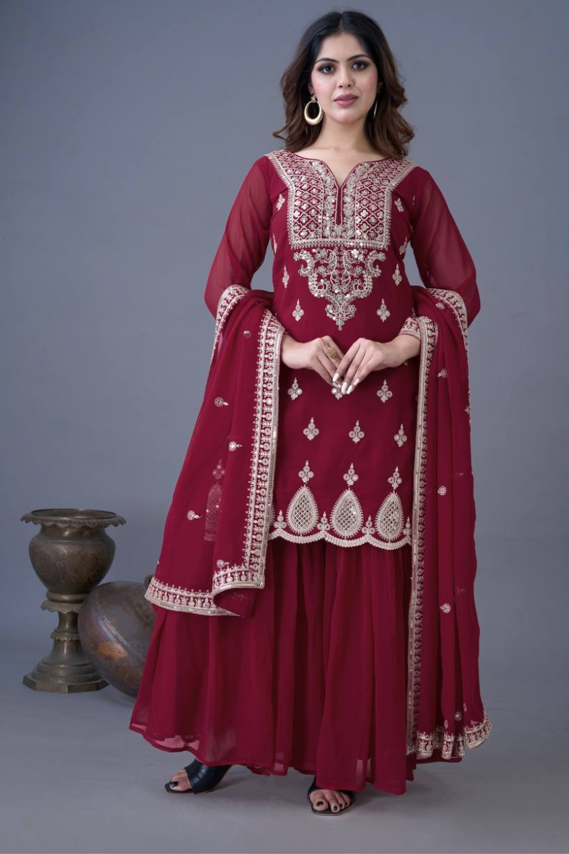 Three-piece embroidered kurti dupatta suit set in orange heavy georgette
