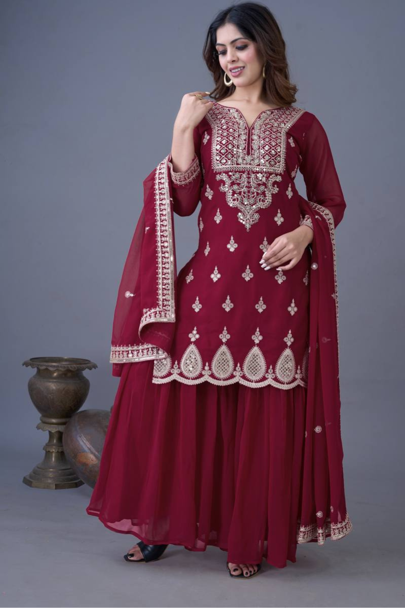Three-piece embroidered kurti dupatta suit set in orange heavy georgette