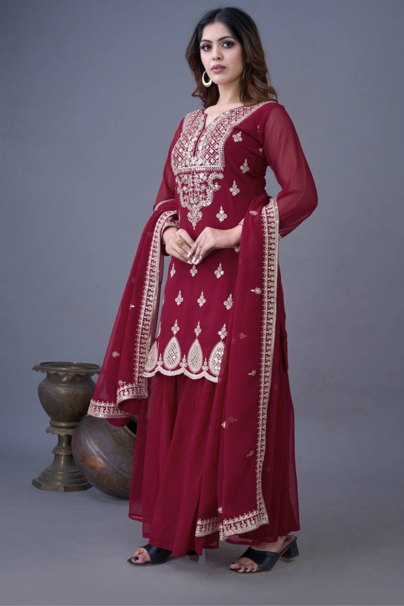 Three-piece embroidered kurti dupatta suit set in orange heavy georgette