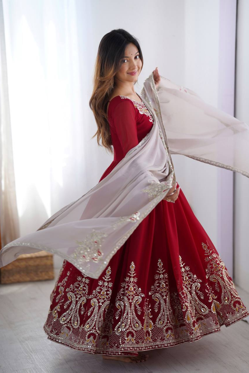 Maroon Heavy Georgette Gown Pant Dupatta Set