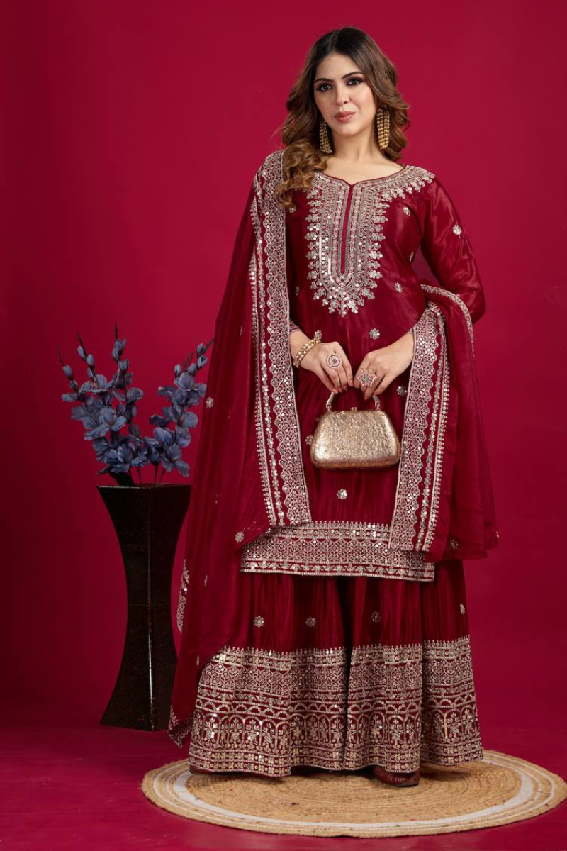 Sharara Dupatta Set with Maroon Pure Heavy Chinnon Embroidery