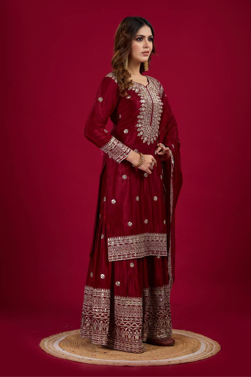 Sharara Dupatta Set with Maroon Pure Heavy Chinnon Embroidery