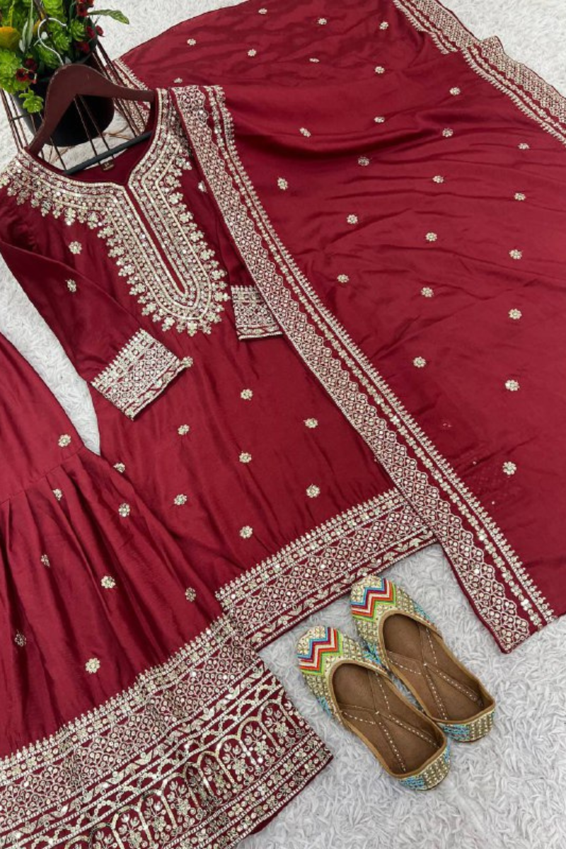 Sharara Dupatta Set with Maroon Pure Heavy Chinnon Embroidery