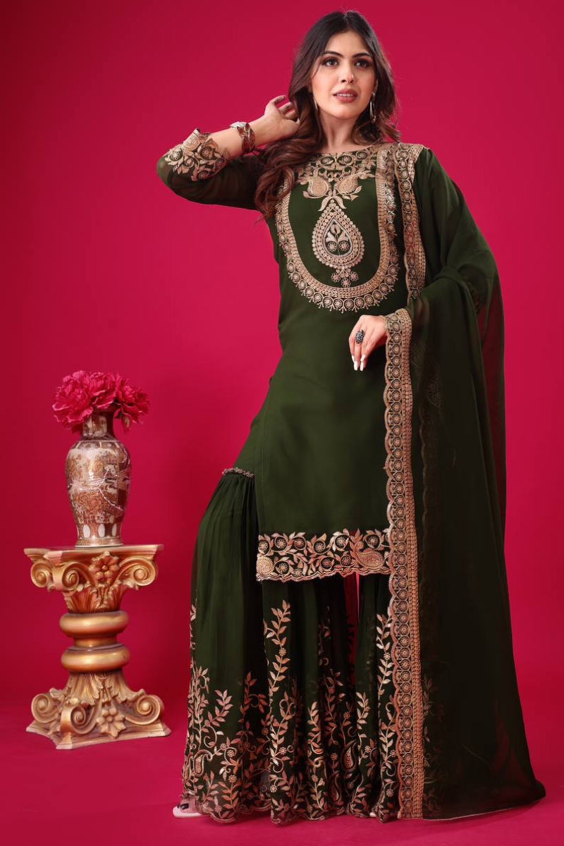 Blooming Faux Mehandi Three-piece Georgette Sharara Suit Set with Kurta Dupatta.
