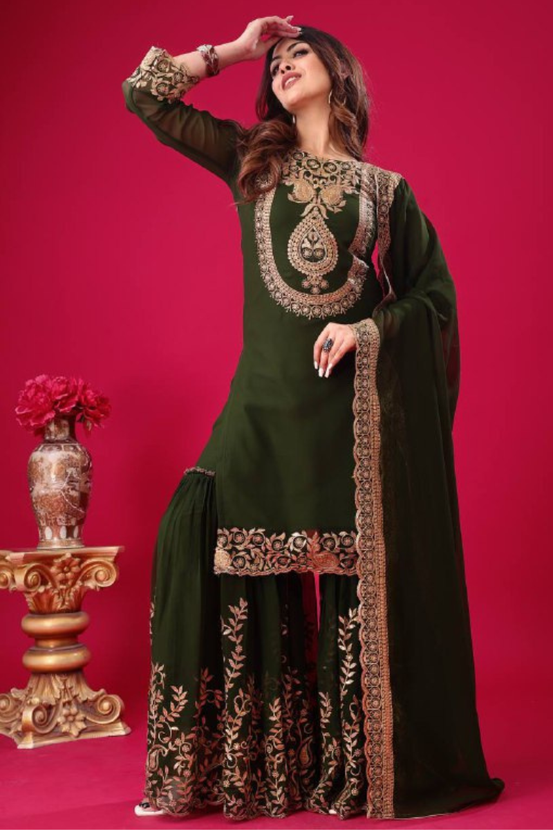 Blooming Faux Mehandi Three-piece Georgette Sharara Suit Set with Kurta Dupatta.