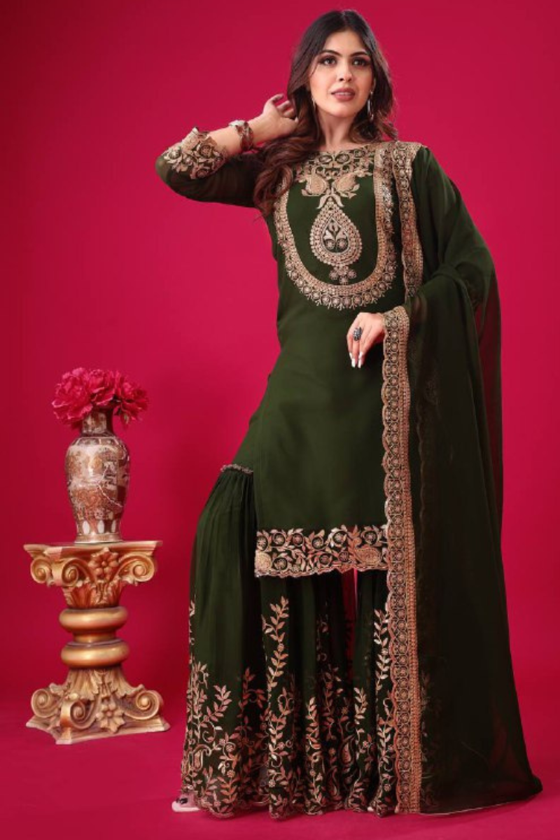 Blooming Faux Mehandi Sharara Dupatta Set in Georgette