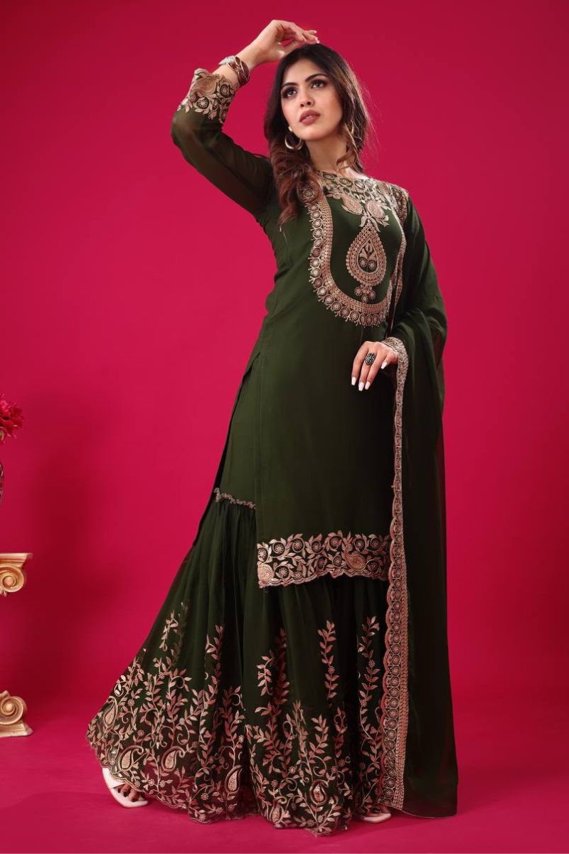 Blooming Faux Mehandi Sharara Dupatta Set in Georgette