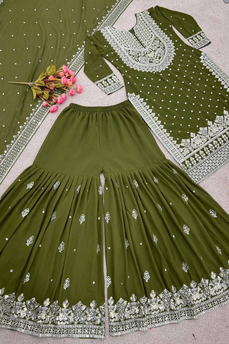 Mehandi Heavy Faux Georgette Kurta Dupatta Sharara Suit Set