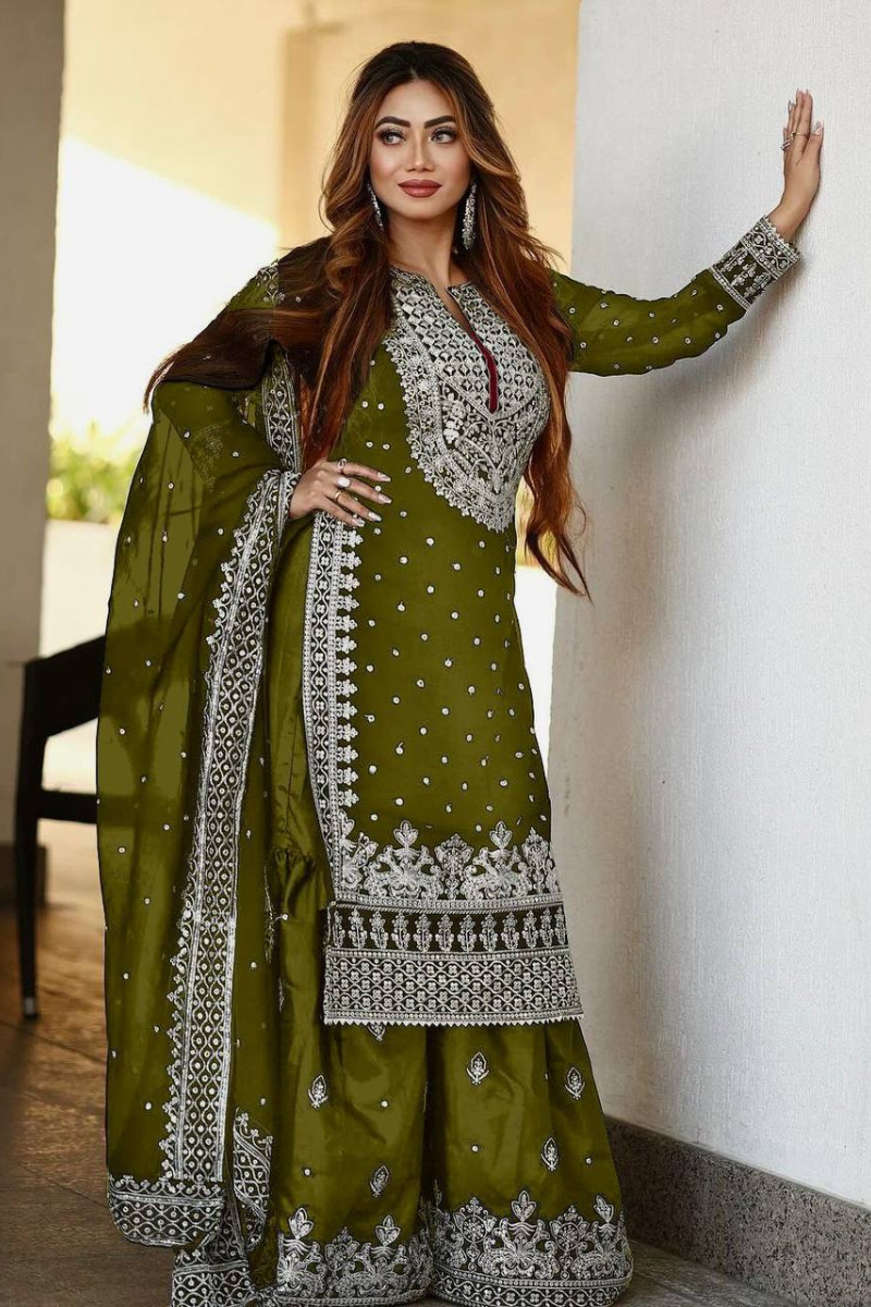 Mehandi Heavy Faux Georgette Kurta Dupatta Sharara Suit Set