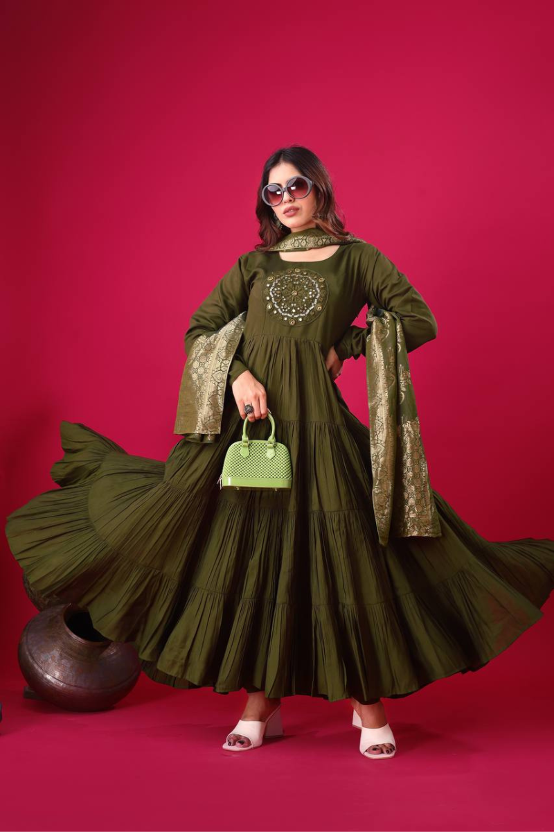 Three-piece Kurta Dupatta Sharara Suit Set in Mehandi Heavy Roman Silk
