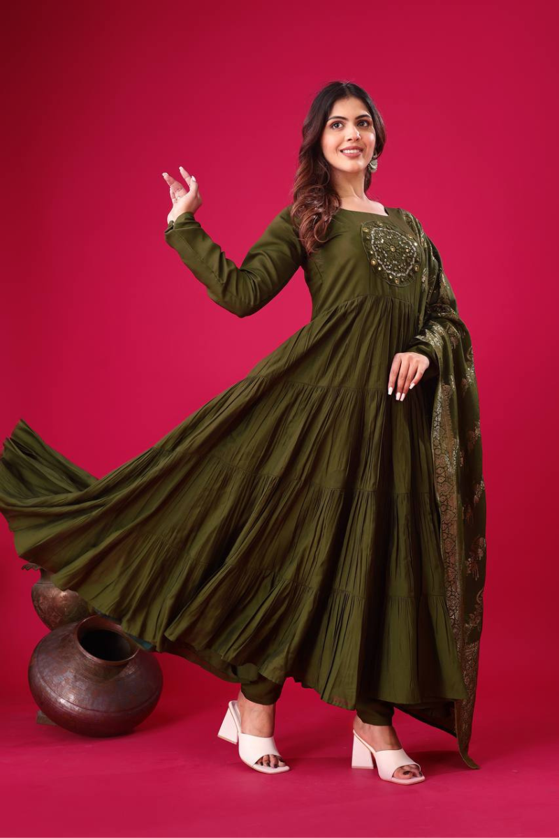 Three-piece Kurta Dupatta Sharara Suit Set in Mehandi Heavy Roman Silk