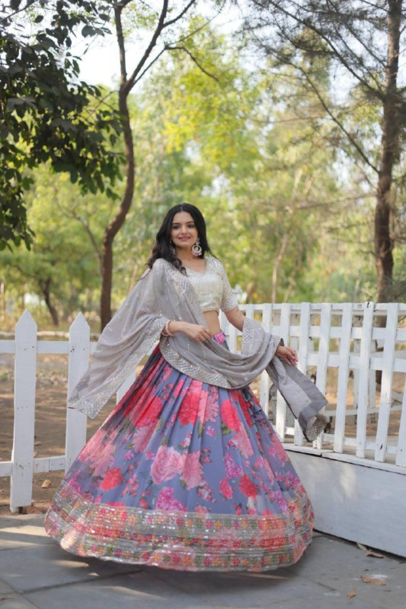 Digitally Printed Faux Multicolor Georgette Lehanga Dupatta with Choli