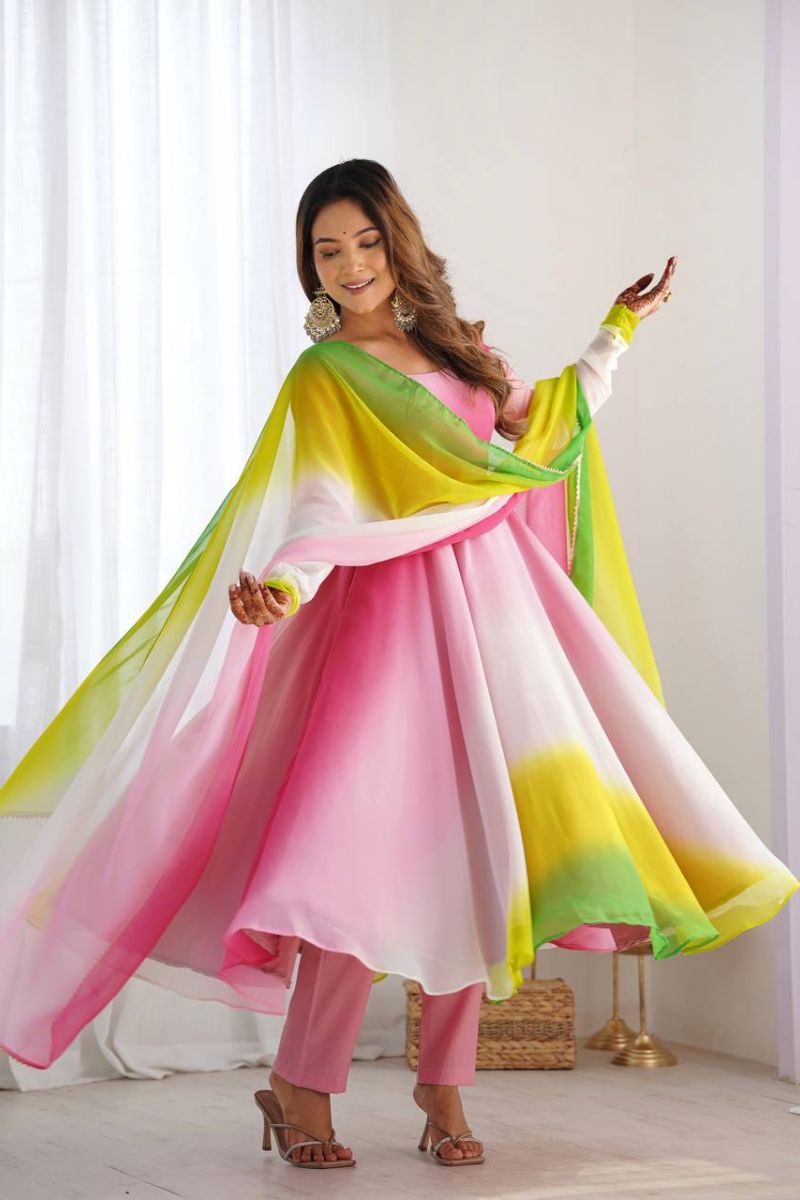 Romansilk Chanderi Anarkali Pant Dupatta Set in Multicolor