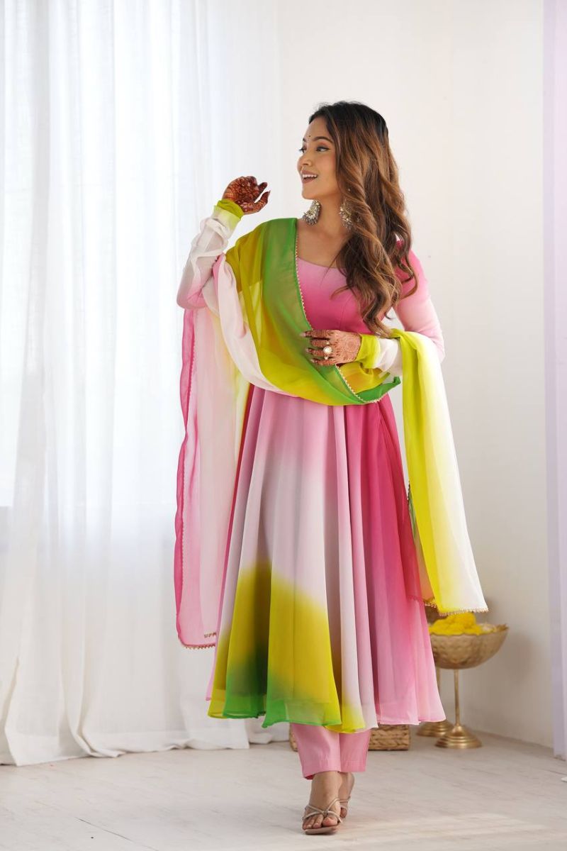 Romansilk Chanderi Anarkali Pant Dupatta Set in Multicolor