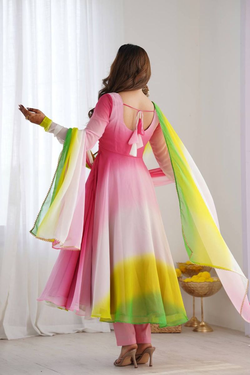 Romansilk Chanderi Anarkali Pant Dupatta Set in Multicolor