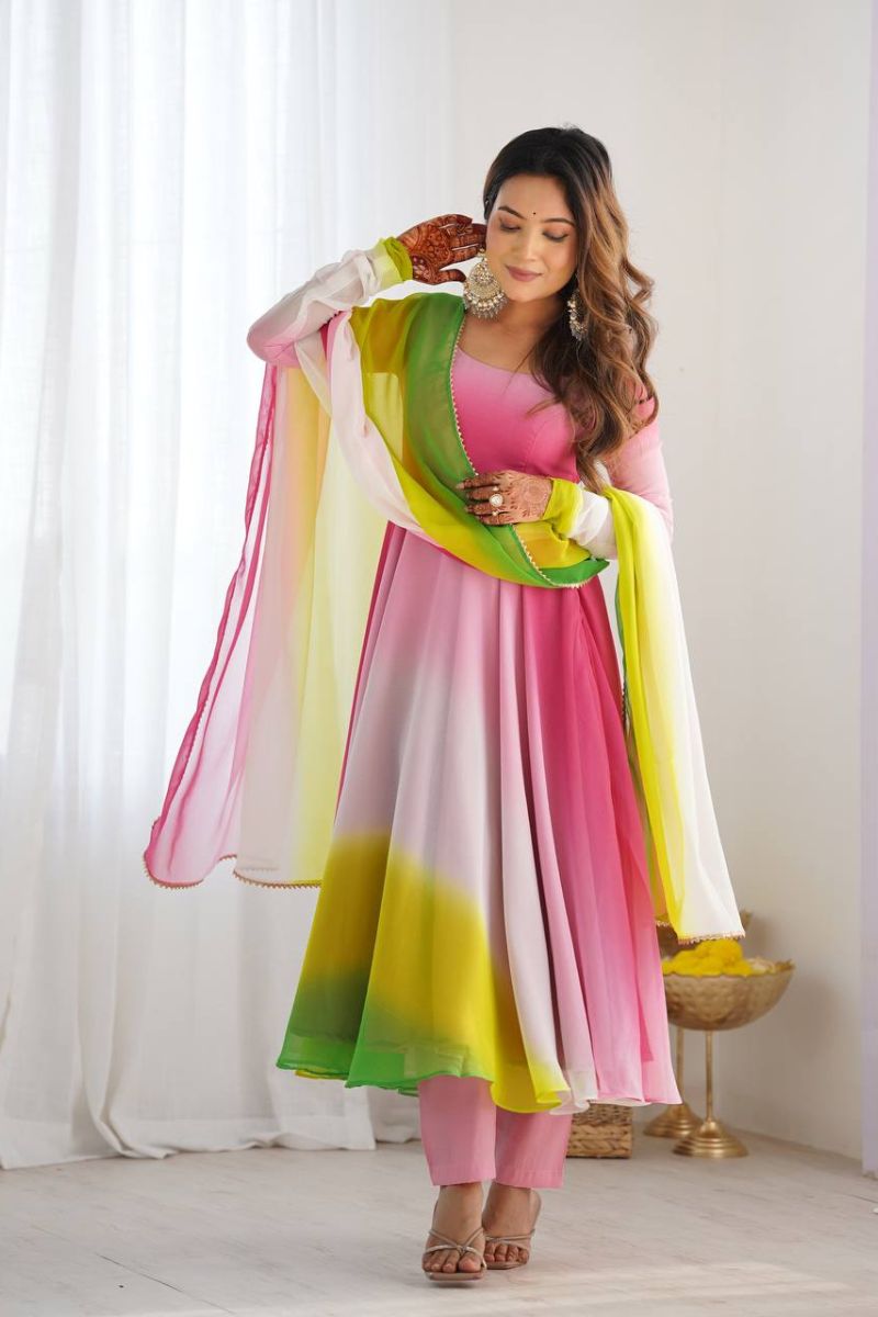 Romansilk Chanderi Anarkali Pant Dupatta Set in Multicolor