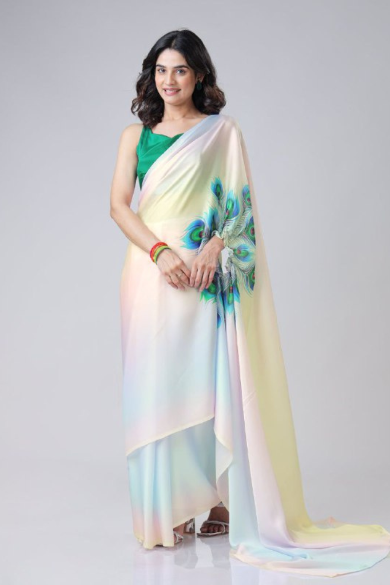 Digital Printing of Multicolored Satin Creap Silk Saree