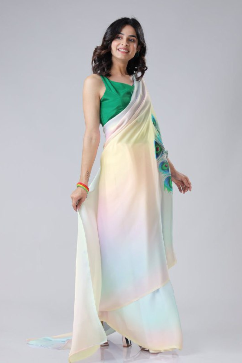 Digital Printing of Multicolored Satin Creap Silk Saree
