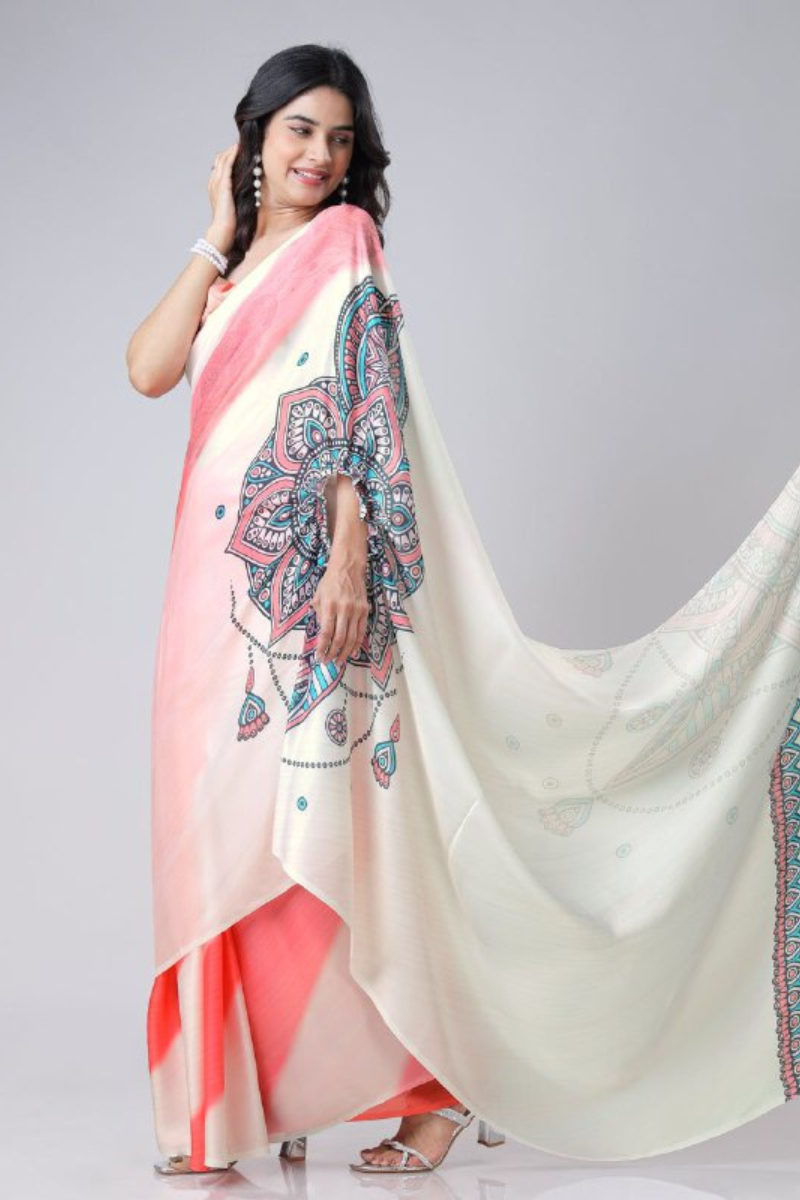 Digital Printing of Multicolored Satin Creap Silk Saree