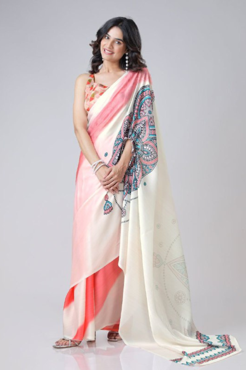 Digital Printing of Multicolored Satin Creap Silk Saree