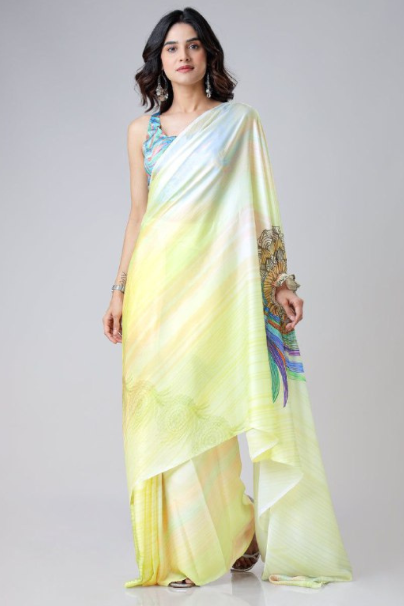 Digital Printing of Multicolored Satin Creap Silk Saree