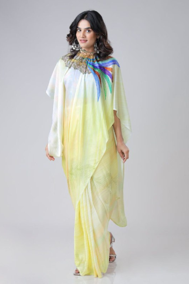 Digital Printing of Multicolored Satin Creap Silk Saree