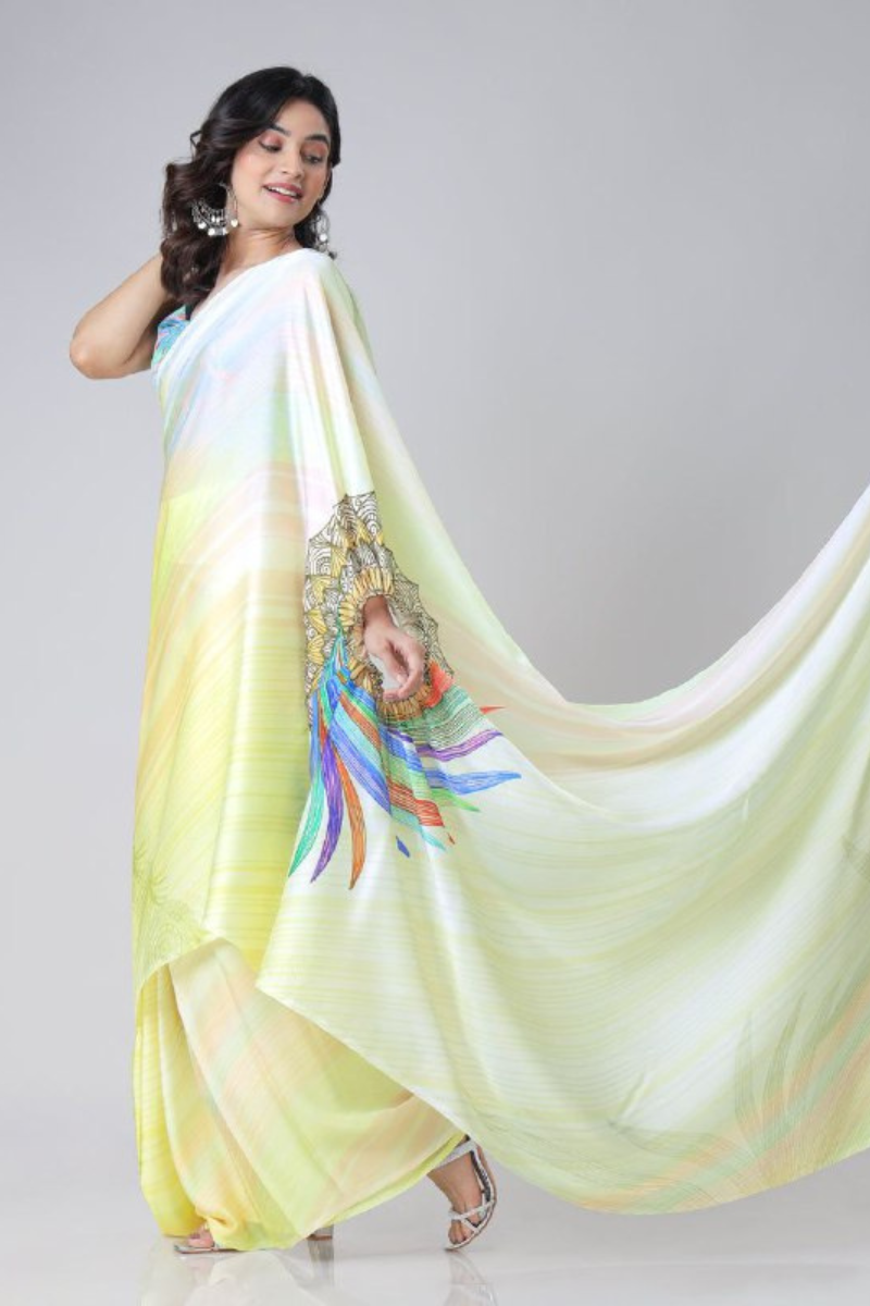 Digital Printing of Multicolored Satin Creap Silk Saree