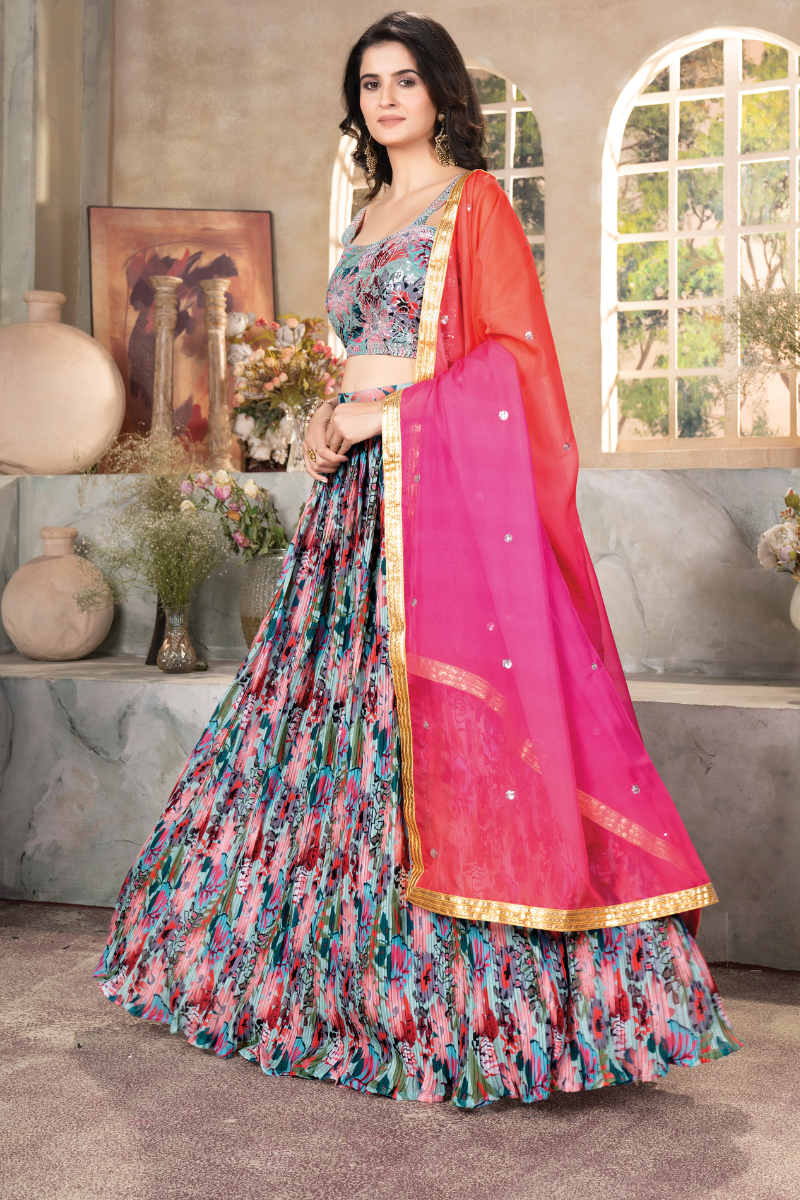 Soft Tabby Orgenza Lehanga Choli in Multicolor with Digital Print Dupatta