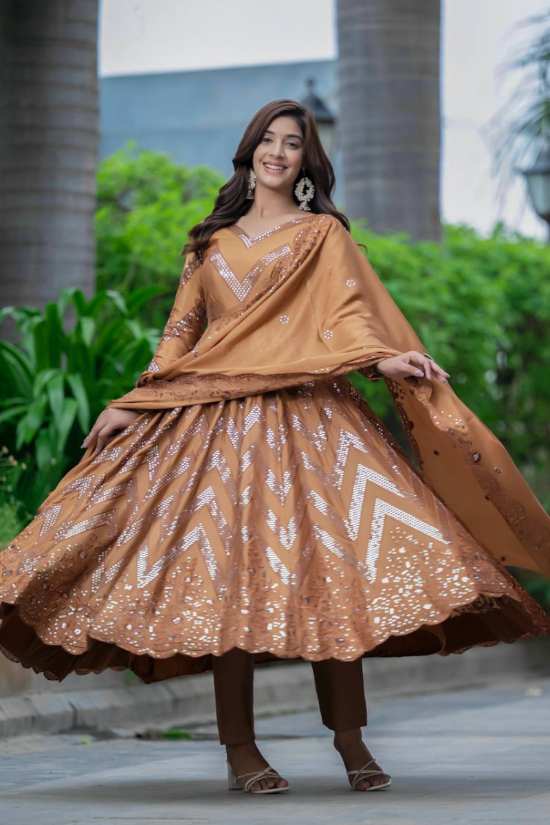 Embroidered Mustard Pure Chinon Silk Kurta Dupatta Gown Suit Set.