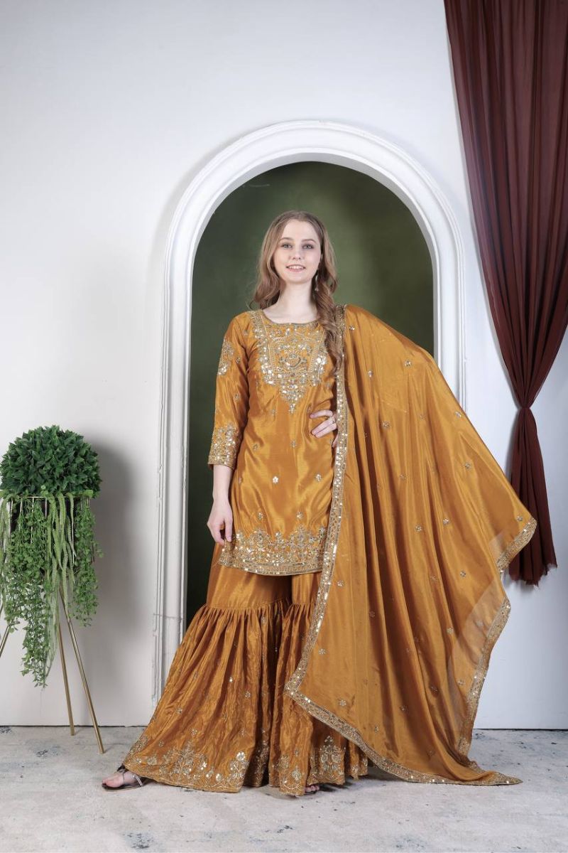 Sharara Suit with Mustard Pure Chinon Silk Dupatta Pants