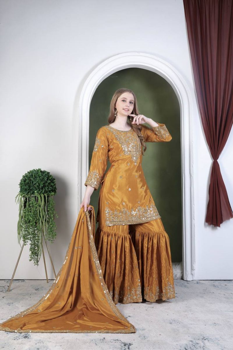 Sharara Suit with Mustard Pure Chinon Silk Dupatta Pants