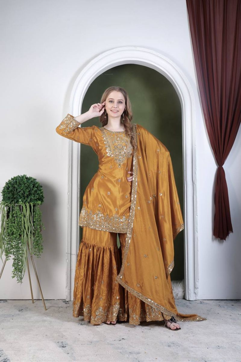 Sharara Suit with Mustard Pure Chinon Silk Dupatta Pants