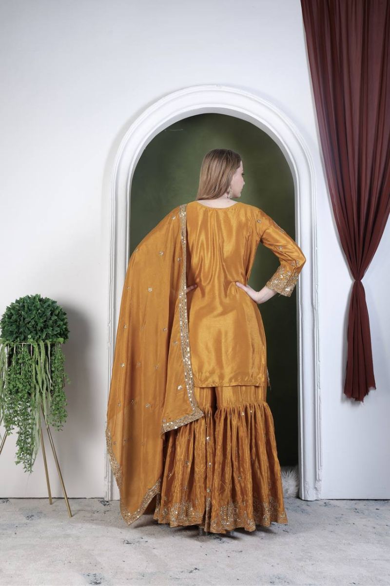 Sharara Suit with Mustard Pure Chinon Silk Dupatta Pants